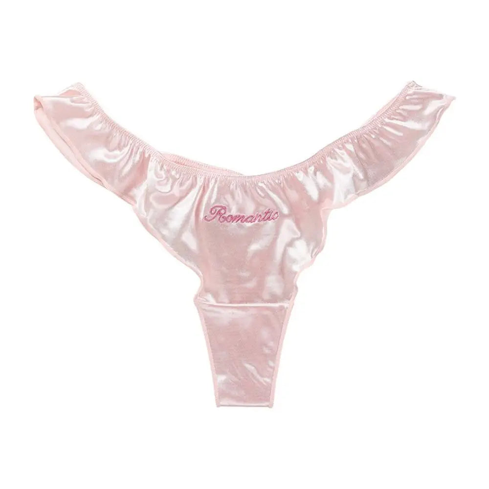 Kawaii Letter Satin Silk Ruffle Thong Seamless Embroidery Ice Silk Panties Underwear Low Waist Briefs for Women Girl
