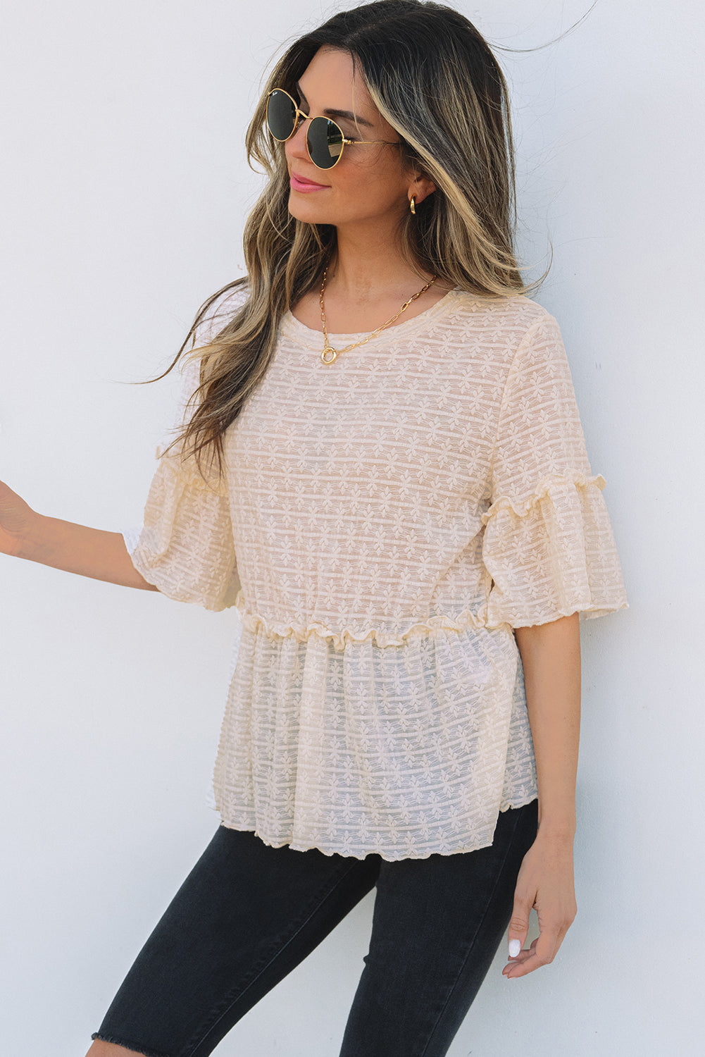Oaklyn Textured Ruffled Short Sleeve Blouse-2
