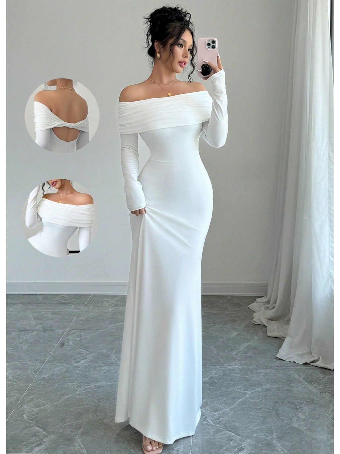 Elegant Off Shoulder Midi Evening Gown