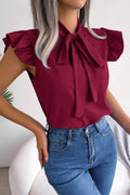 Bow Tie Ruffle Sleeve Blouse