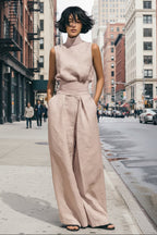 Women’s Cotton Linen Two-Piece Set – Sleeveless Top & Wide-Leg Pants