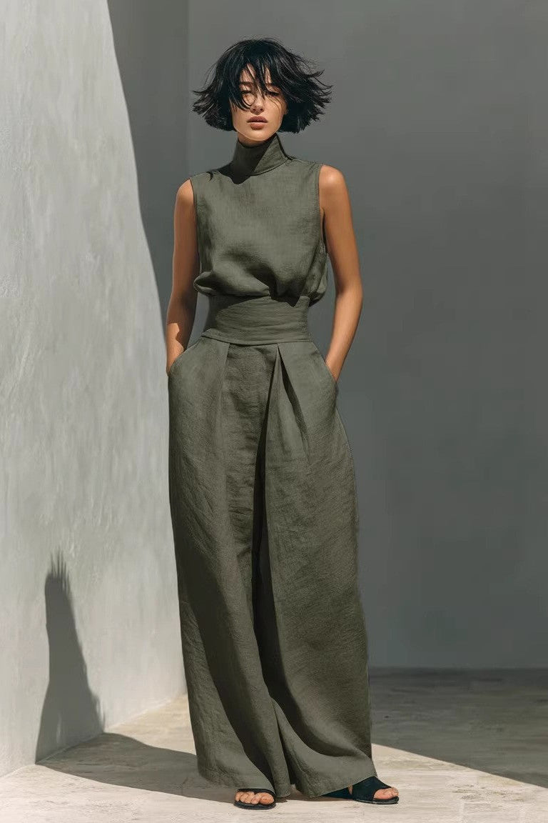 Women’s Cotton Linen Two-Piece Set – Sleeveless Top & Wide-Leg Pants