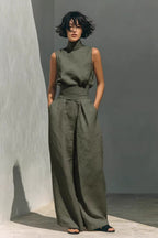 Women’s Cotton Linen Two-Piece Set – Sleeveless Top & Wide-Leg Pants